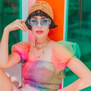 Lirika Matoshi Off Shoulder Rainbow Sheer Puff Sleeve Top Women’s Size Small